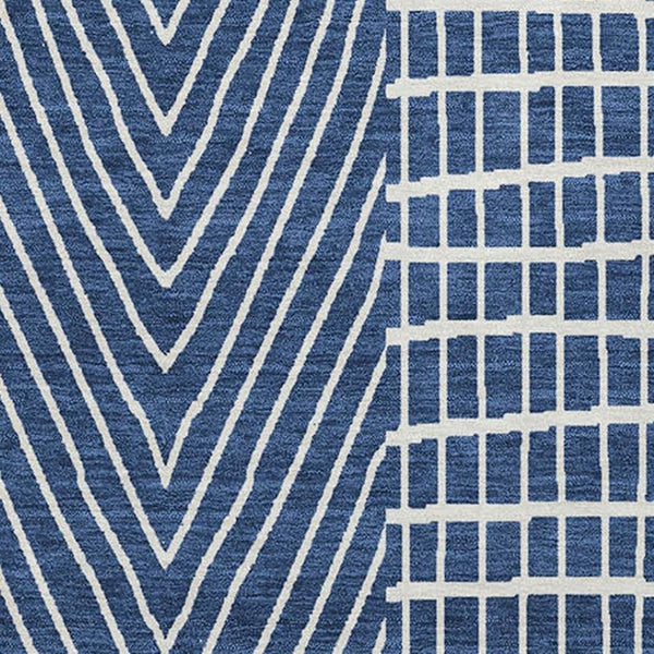HomeRoots 9' X 12' Navy Blue and Ivory Geometric Area Rug - Washable, UV-Protected, Stylish for Family Life 678088