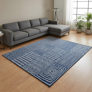 HomeRoots 10' X 14' Navy Blue & Ivory Geometric Area Rug - Washable, UV-Protected, Perfect for Family Spaces 678089