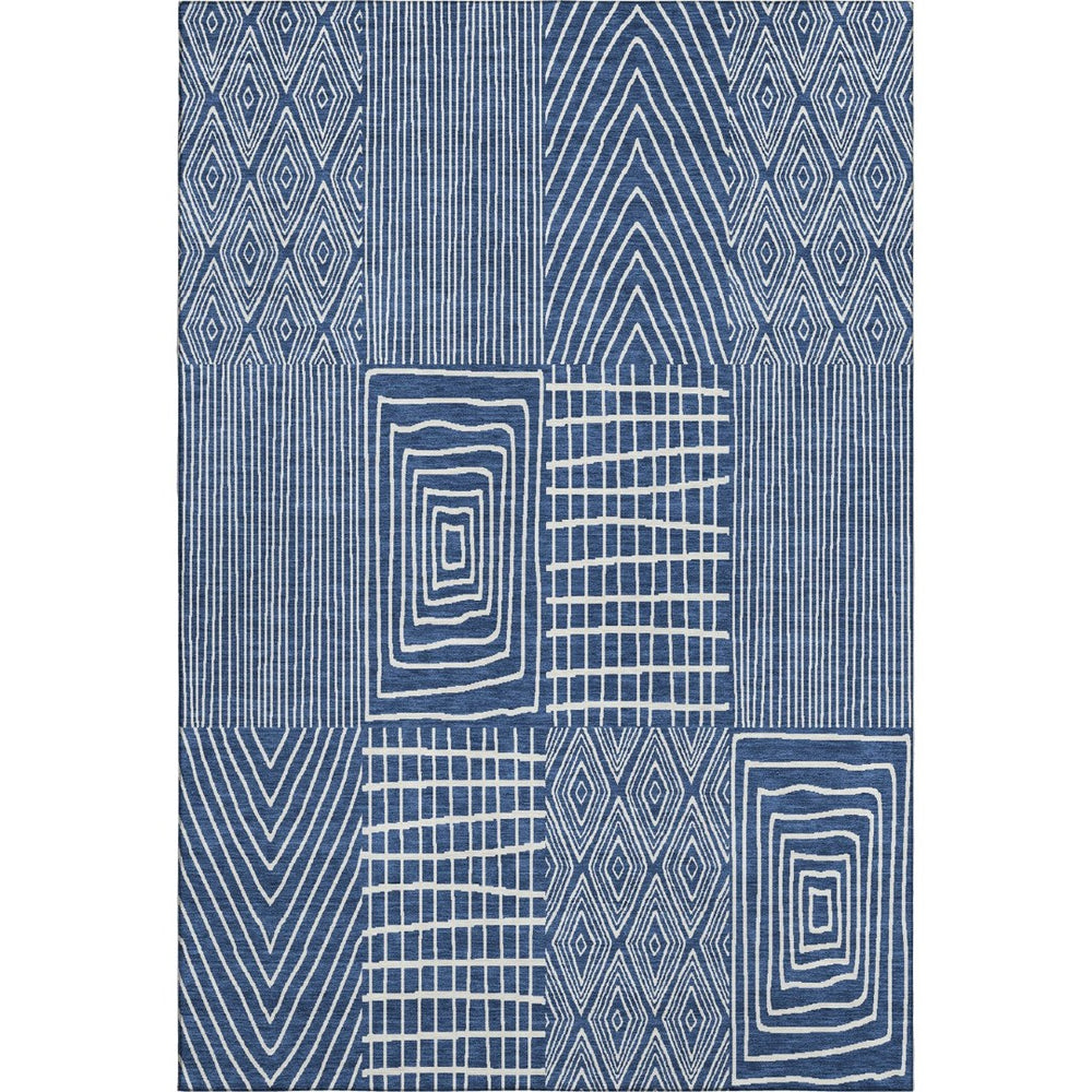 HomeRoots 10' X 14' Navy Blue & Ivory Geometric Area Rug - Washable, UV-Protected, Perfect for Family Spaces 678089