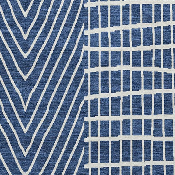 HomeRoots 10' X 14' Navy Blue & Ivory Geometric Area Rug - Washable, UV-Protected, Perfect for Family Spaces 678089