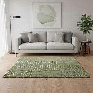 HomeRoots 5' Olive Green & Ivory Geometric Area Rug - Washable, UV Protected, Stain-Resistant for Busy Homes 678091