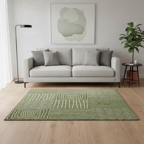 HomeRoots 5' Olive Green & Ivory Geometric Area Rug - Washable, UV Protected, Stain-Resistant for Busy Homes 678091