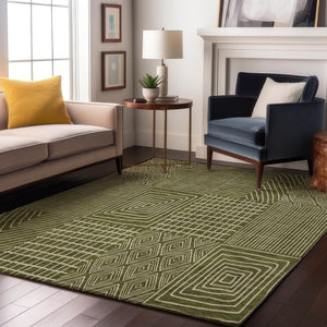 HomeRoots 5' Olive Green & Ivory Geometric Area Rug - Washable, UV Protected, Stain-Resistant for Busy Homes 678091
