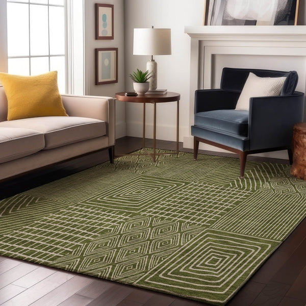 HomeRoots 5' Olive Green & Ivory Geometric Area Rug - Washable, UV Protected, Stain-Resistant for Busy Homes 678091