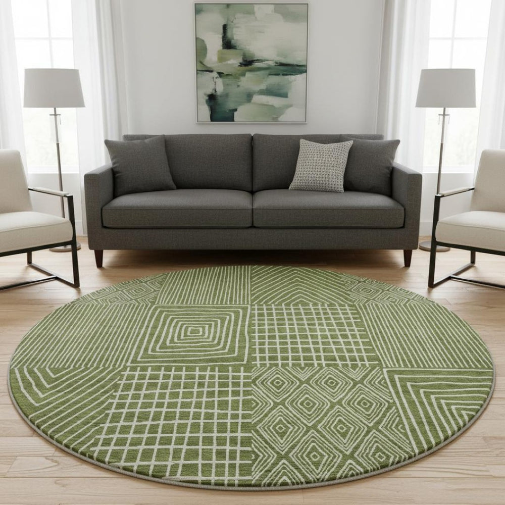 HomeRoots 8' Olive Green and Ivory Geometric Round Rug - Washable, UV-Protected, Ideal for High-Traffic Spaces 678092