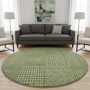 HomeRoots 8' Olive Green and Ivory Geometric Round Rug - Washable, UV-Protected, Ideal for High-Traffic Spaces 678092