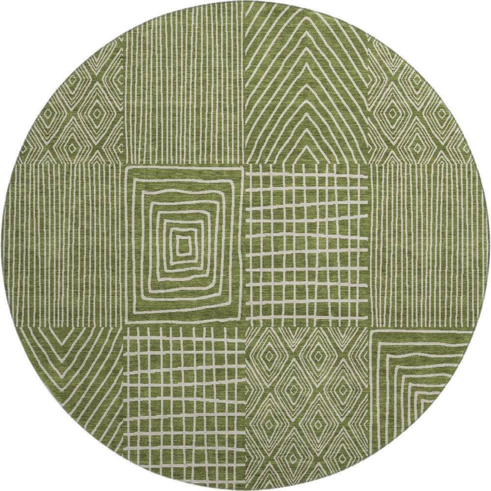 HomeRoots 8' Olive Green and Ivory Geometric Round Rug - Washable, UV-Protected, Ideal for High-Traffic Spaces 678092