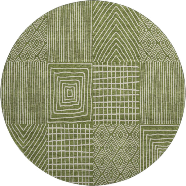 HomeRoots 8' Olive Green and Ivory Geometric Round Rug - Washable, UV-Protected, Ideal for High-Traffic Spaces 678092