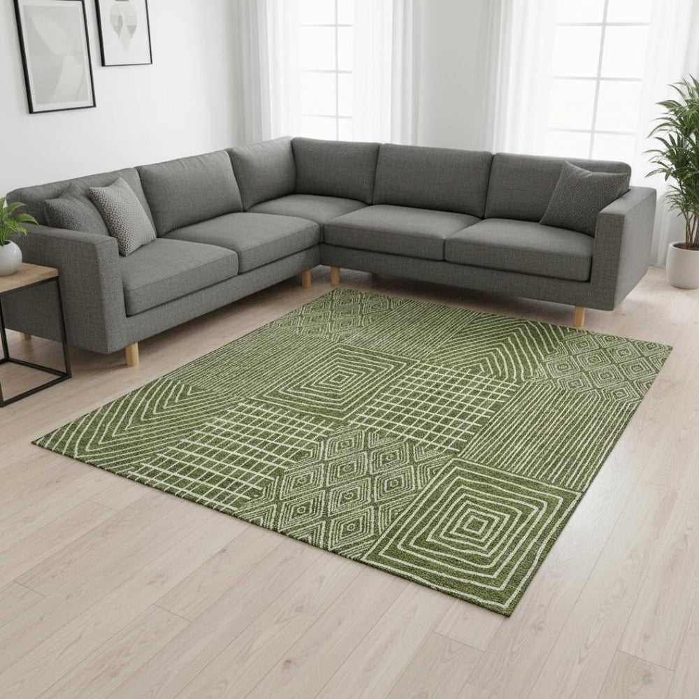 HomeRoots 8' X 10' Olive Green and Ivory Geometric Area Rug - Washable, Stain Resistant, UV Protected & Durable 678093
