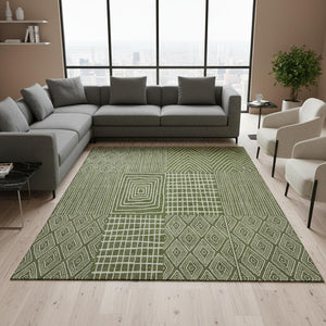 HomeRoots 9' X 12' Olive Green & Ivory Geometric Area Rug – Washable, UV-Protected, Stylish & Durable Design 678094