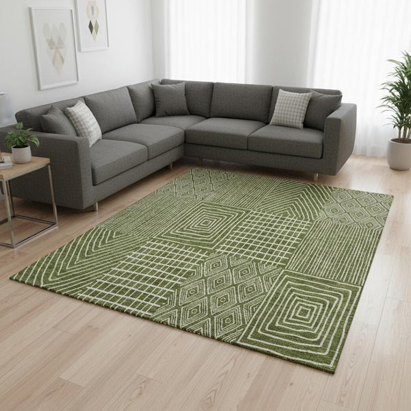 HomeRoots 10' X 14' Olive Green & Ivory Geometric Washable Area Rug - Durable, UV-Protected & Stylish Design 678095