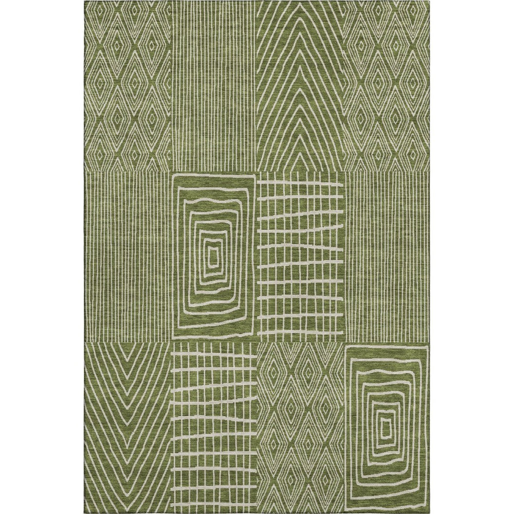 HomeRoots 10' X 14' Olive Green & Ivory Geometric Washable Area Rug - Durable, UV-Protected & Stylish Design 678095