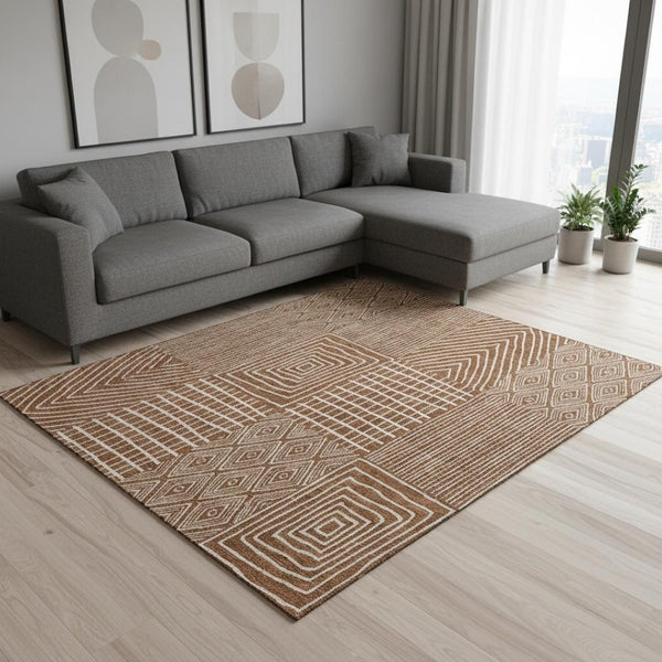 HomeRoots 8' X 10' Rust and Ivory Geometric Washable Area Rug – Durable, Stylish, UV Protected for Everyday Living 678099