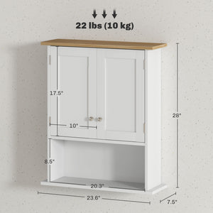 English Elm HOMCOM Modern Wall Bathroom Cabinet with 2 Doors, Adjustable Shelves, Oak Top & Open Shelf, White W2225P250003