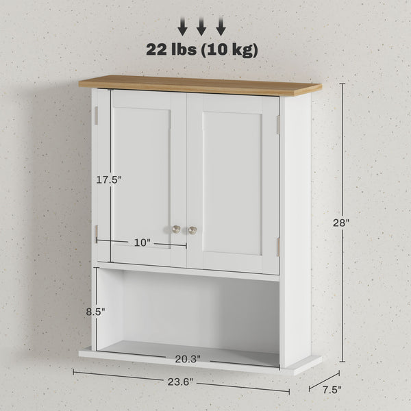 English Elm HOMCOM Modern Wall Bathroom Cabinet with 2 Doors, Adjustable Shelves, Oak Top & Open Shelf, White W2225P250003