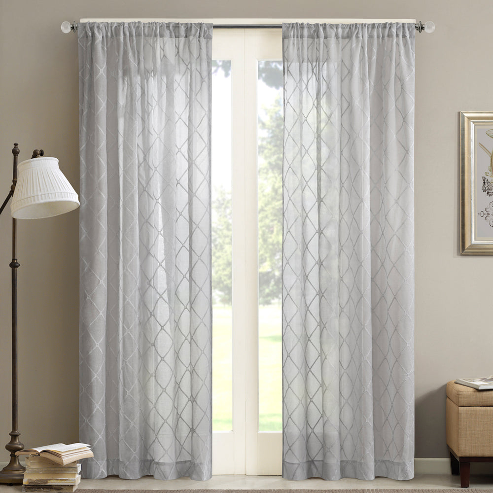 JLA Home Madison Park - Diamond Sheer Window Curtain Panel with Embroidered Diamond Motif, Light-Filtering Elegance for Layering Grey MP40-1066