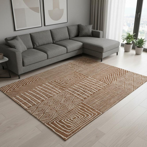 HomeRoots 10' X 14' Rust and Ivory Geometric Area Rug - Durable, Washable, UV-Protected for Modern Spaces 678101