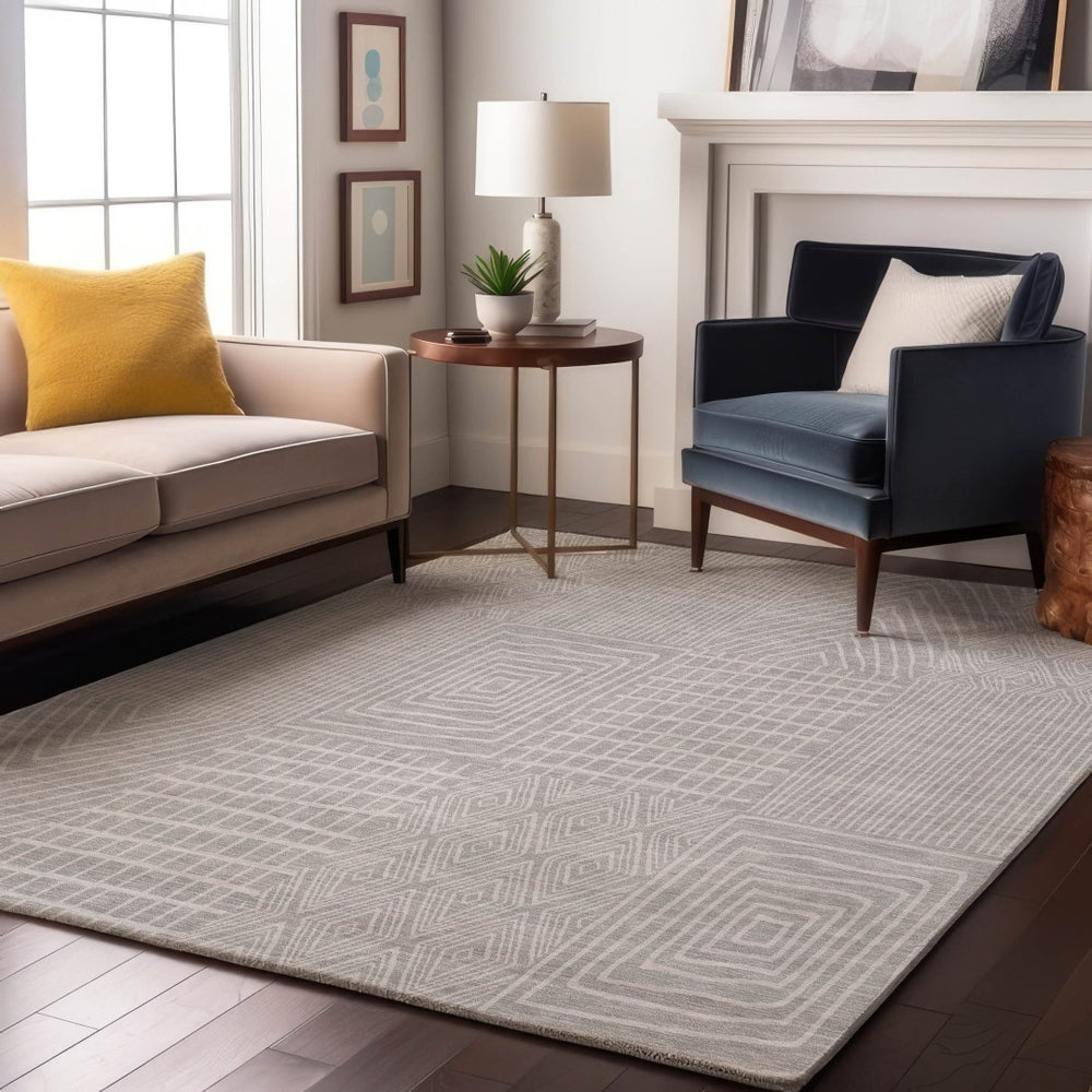 HomeRoots 10' X 14' Silver and Ivory Geometric Area Rug - Washable, Stain-Resistant, UV Protected for Homes 678107
