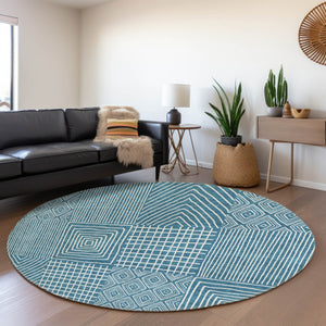 HomeRoots 8' Teal and Ivory Geometric Round Rug – Stylish, Washable, UV-Protected for High-Traffic Spaces! 678110
