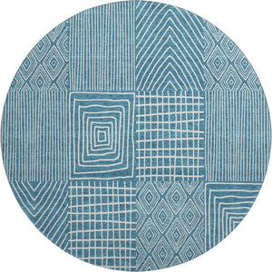 HomeRoots 8' Teal and Ivory Geometric Round Rug – Stylish, Washable, UV-Protected for High-Traffic Spaces! 678110