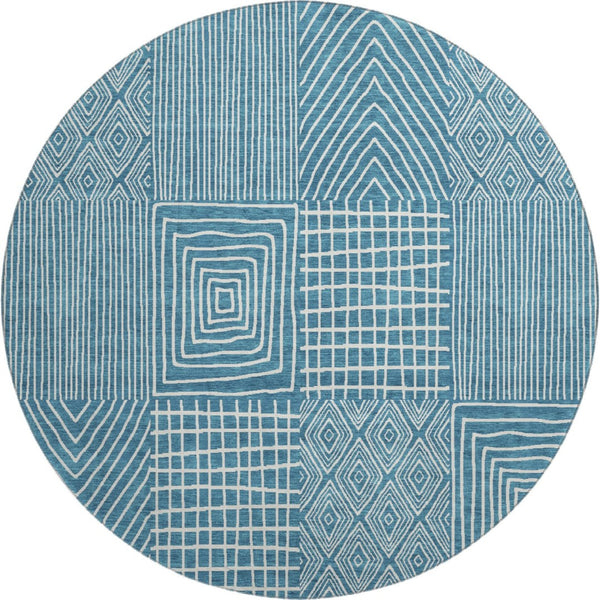 HomeRoots 8' Teal and Ivory Geometric Round Rug – Stylish, Washable, UV-Protected for High-Traffic Spaces! 678110