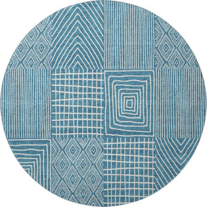HomeRoots 8' Teal and Ivory Geometric Round Rug – Stylish, Washable, UV-Protected for High-Traffic Spaces! 678110