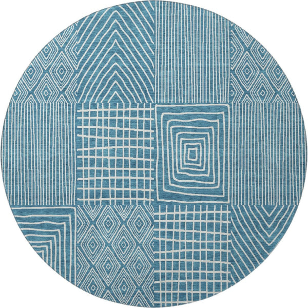 HomeRoots 8' Teal and Ivory Geometric Round Rug – Stylish, Washable, UV-Protected for High-Traffic Spaces! 678110