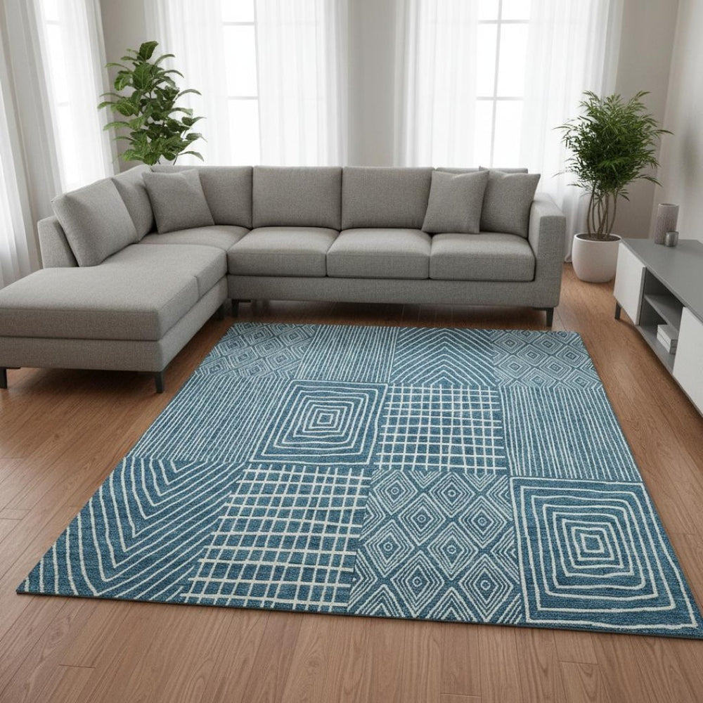 HomeRoots 8' X 10' Teal and Ivory Geometric Area Rug - Durable, Stain-Resistant, UV Protected for Homes 678111