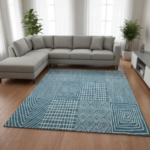 HomeRoots 8' X 10' Teal and Ivory Geometric Area Rug - Durable, Stain-Resistant, UV Protected for Homes 678111