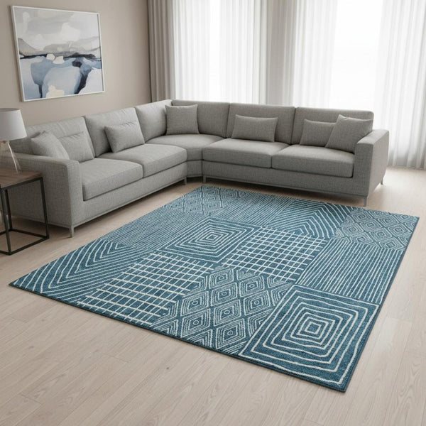 HomeRoots 9' X 12' Teal and Ivory Geometric Area Rug - Stylish, Durable, Washable with UV Protection for Any Space 678112