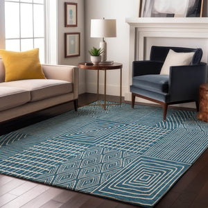 HomeRoots 10' X 14' Teal and Ivory Geometric Area Rug – Durable, Washable, UV-Protected for Modern Spaces 678113