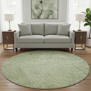 HomeRoots 8' Artichoke Green & Beige Abstract Round Rug - Washable, UV Protected, Durable for High-Traffic Areas 678116