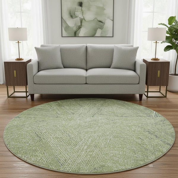 HomeRoots 8' Artichoke Green & Beige Abstract Round Rug - Washable, UV Protected, Durable for High-Traffic Areas 678116