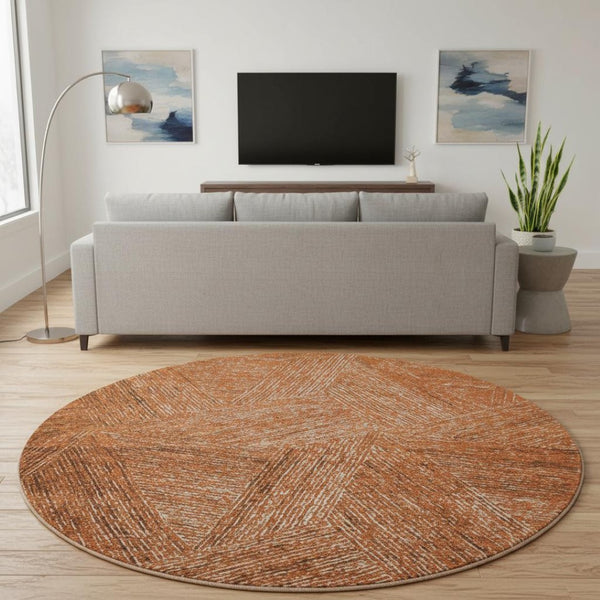 HomeRoots 8' Copper and Ivory Abstract Round Rug - Washable, UV-Protected, Modern Design for Busy Homes 678134