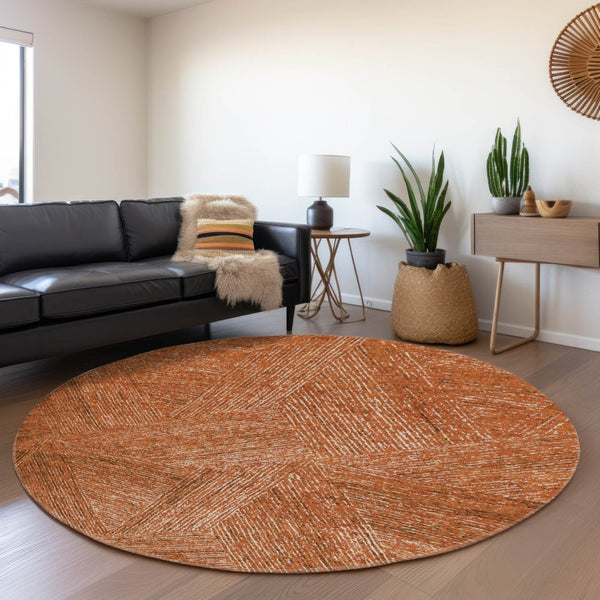 HomeRoots 8' Copper and Ivory Abstract Round Rug - Washable, UV-Protected, Modern Design for Busy Homes 678134