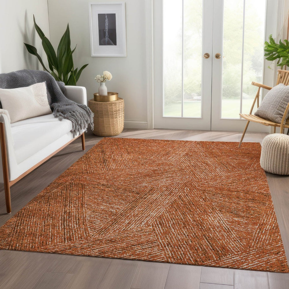 HomeRoots 8' X 10' Copper and Ivory Abstract Area Rug - Washable, UV-Protected, Stylish for Modern Living Spaces 678135