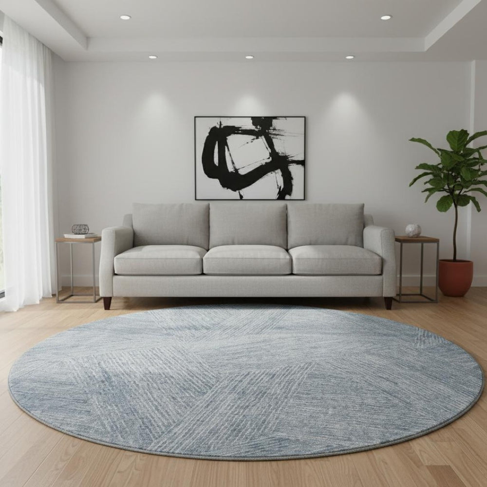 HomeRoots 8' Stylish Denim Blue and Ivory Abstract Washable Round Rug with UV Protection for Modern Homes 678140