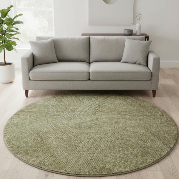HomeRoots 8' Green and Beige Abstract Round Rug - Washable, UV-Protected, Stain-Resistant for High-Traffic Areas 678146
