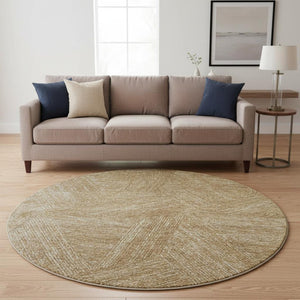 HomeRoots 8' Gold and Beige Abstract Round Rug - Washable, UV-Protected, Stain-Resistant for Modern Homes 678152