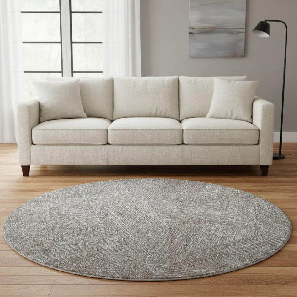 HomeRoots 8' Gray and Silver Abstract Round Rug – Stylish, Washable, UV-Protected, Perfect for Any Space! 678158