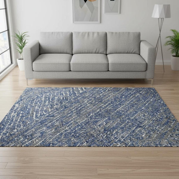 HomeRoots 5' Navy Blue & Ivory Abstract Area Rug - Washable, UV Protected, Pet-Friendly, Modern Design for Home 678163