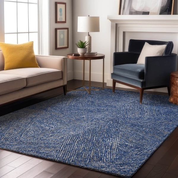HomeRoots 5' Navy Blue & Ivory Abstract Area Rug - Washable, UV Protected, Pet-Friendly, Modern Design for Home 678163