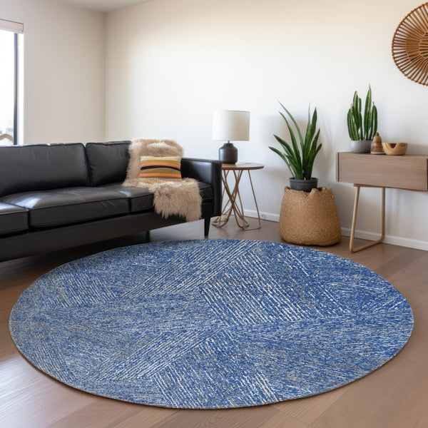 HomeRoots 8' Navy Blue and Ivory Abstract Washable Round Rug - Stain Resistant, UV Protection for Modern Homes 678164