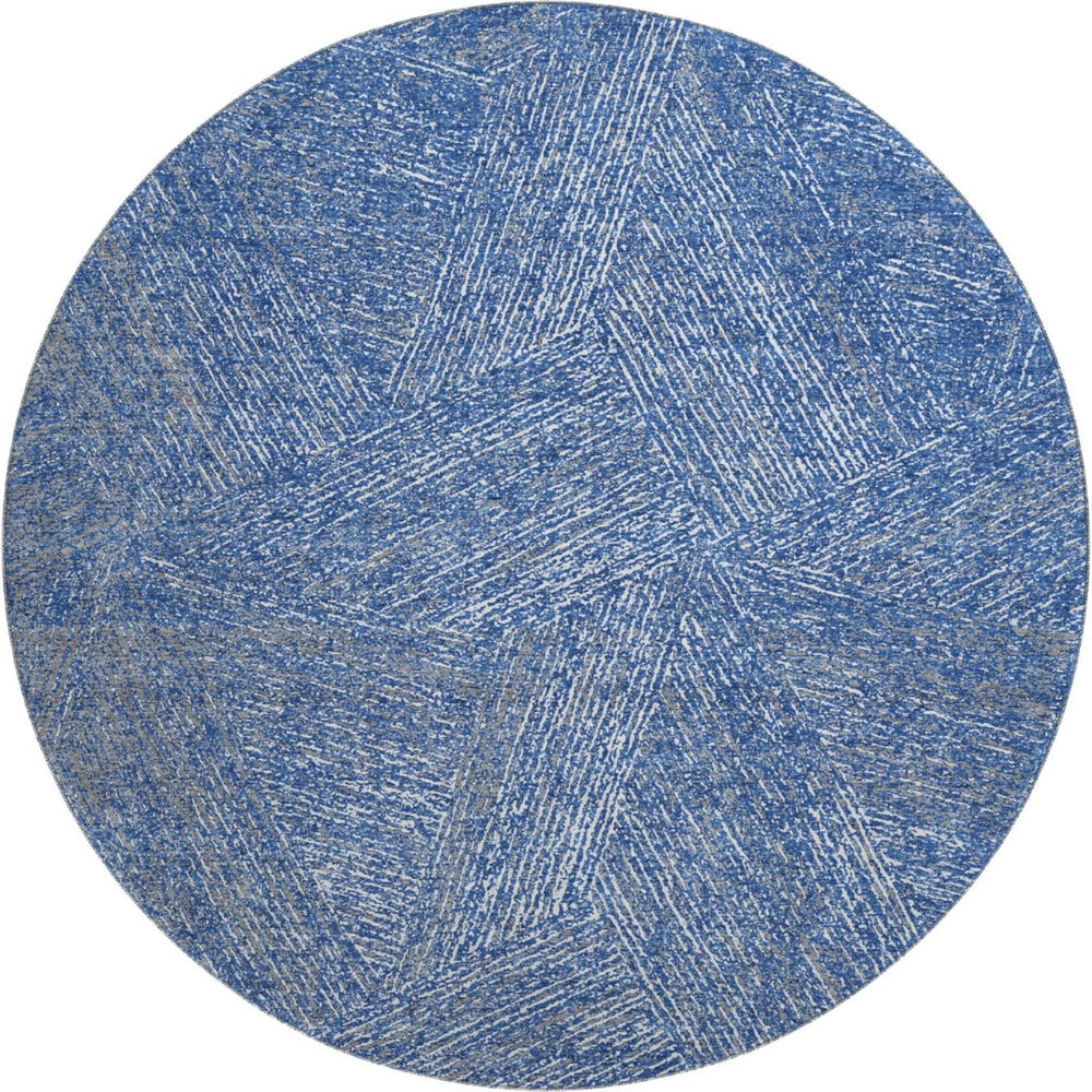 HomeRoots 8' Navy Blue and Ivory Abstract Washable Round Rug - Stain Resistant, UV Protection for Modern Homes 678164