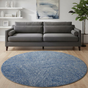 HomeRoots 8' Navy Blue and Ivory Abstract Washable Round Rug - Stain Resistant, UV Protection for Modern Homes 678164