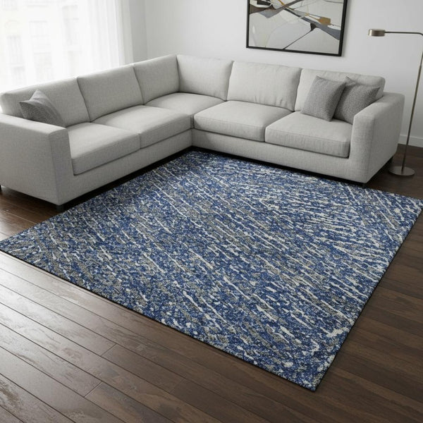 HomeRoots 8' X 10' Navy Blue & Ivory Abstract Area Rug - Washable, UV-Protected, Stylish & Durable Design 678165