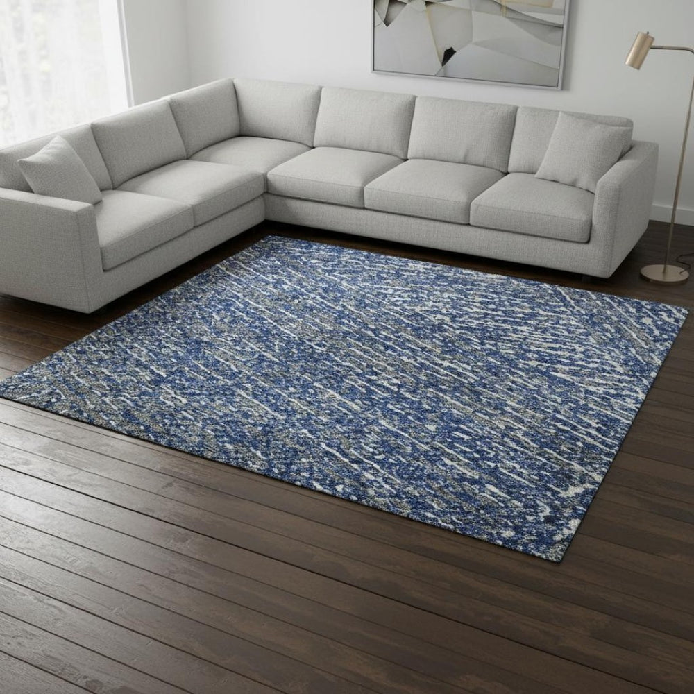 HomeRoots 10' Navy Blue & Ivory Abstract Washable Area Rug – Stain-Resistant, UV-Protected for High-Traffic Spaces 678167