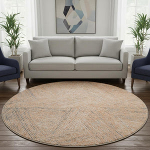 HomeRoots 8' Contemporary Peach Ivory Gray Abstract Washable Round Rug with UV Protection for High-Traffic Areas 678170