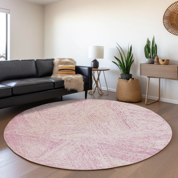 HomeRoots 8' Pink and Ivory Abstract Washable Round Rug with UV Protection - Durable, Stylish & Stain-Resistant! 678176