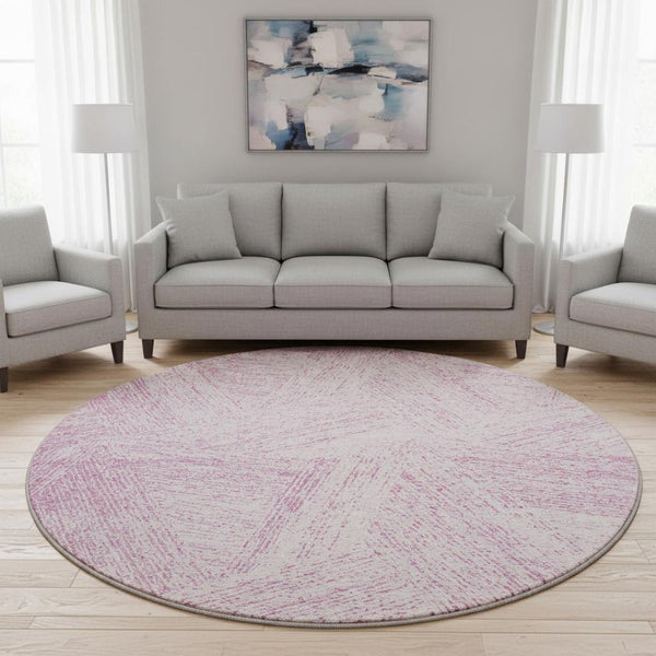 HomeRoots 8' Pink and Ivory Abstract Washable Round Rug with UV Protection - Durable, Stylish & Stain-Resistant! 678176